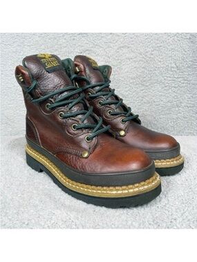Georgia Boot Steel Toe Brown Leather Ankle Work Boots with Green Laces
